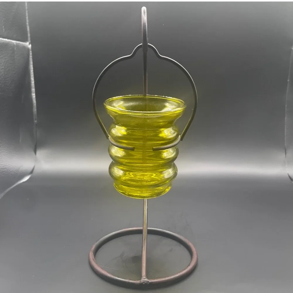 Vintage Green Ribbed Glass Hanging Votive‎ Candle Holder with Metal Stand 9 Inch